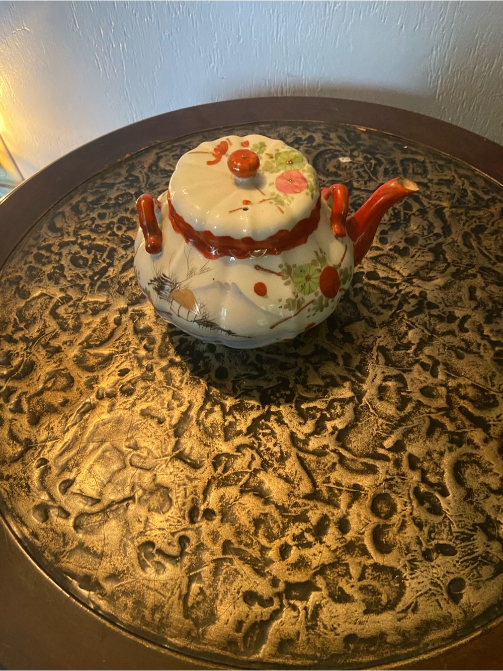Cream Porcelain Teapot with Red Floral Accents